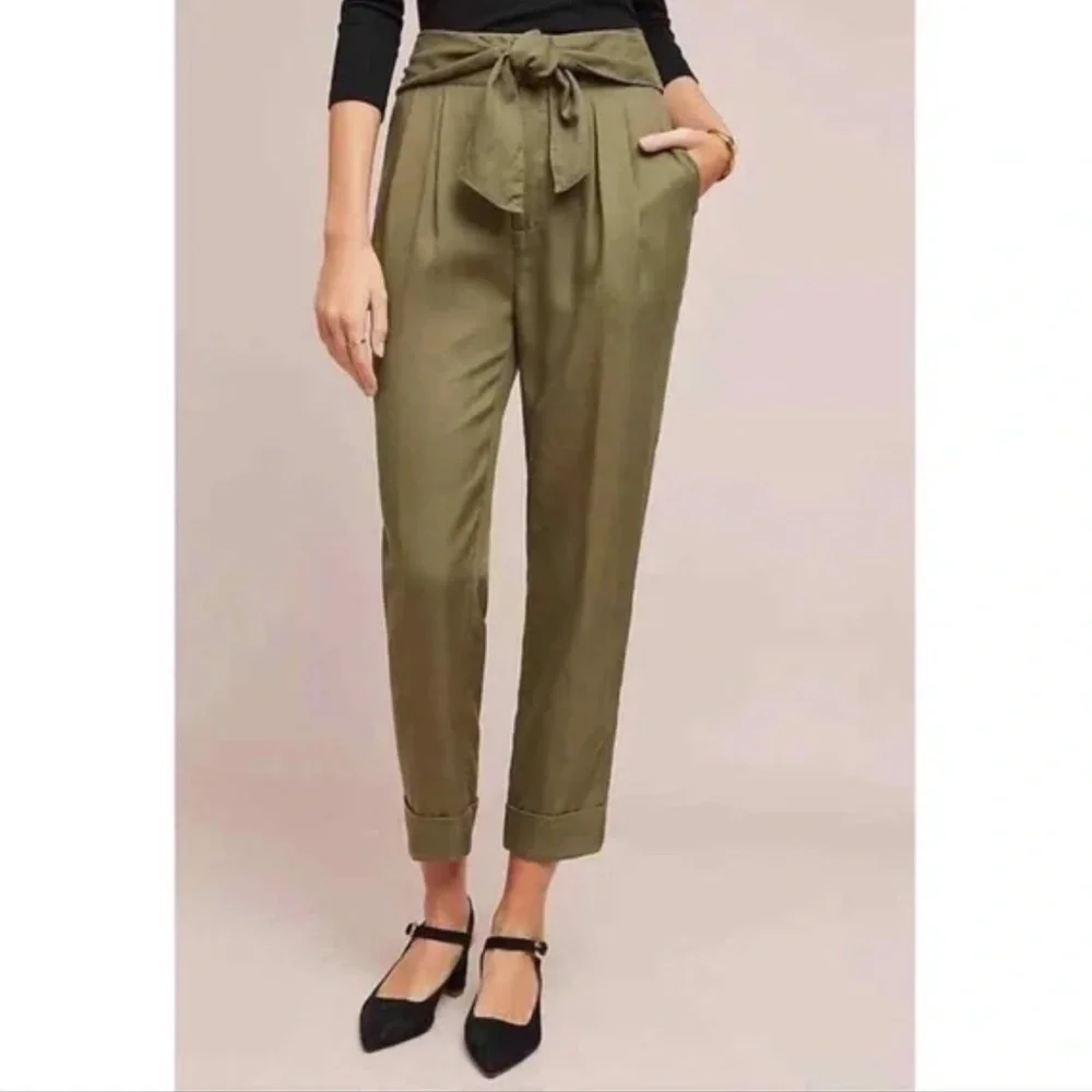 Anthropologie Tie Waist Olive Green‎ High Rise Ankle Pants Trousers